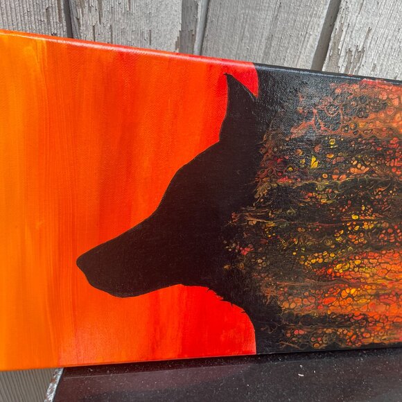 Wolf Silhouette Acrylic Pour Painting Orange Signed LAM - Picture 3 of 5